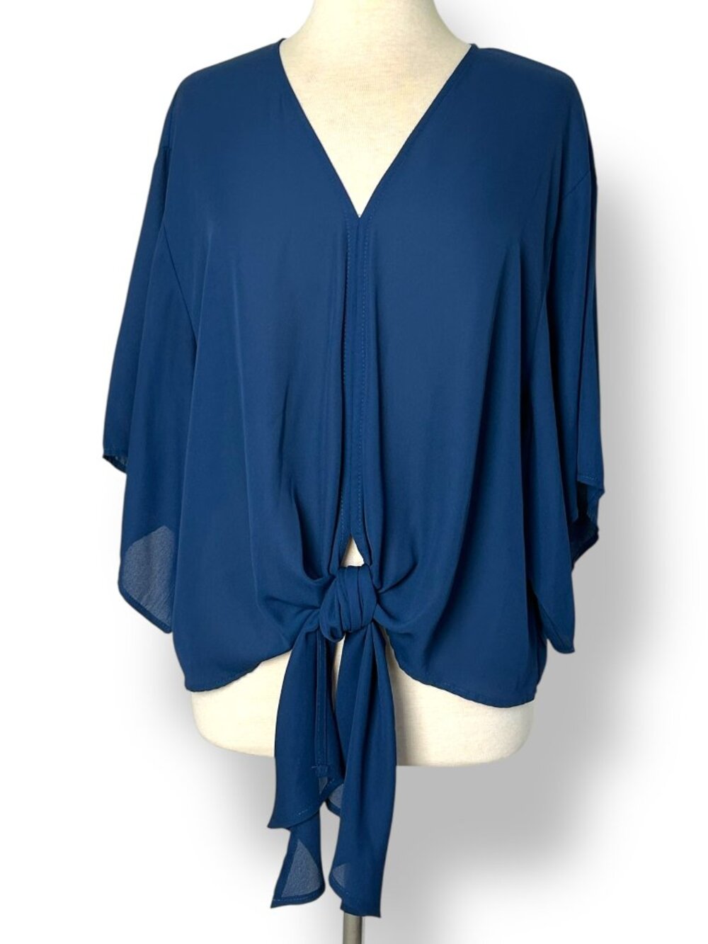 Adrienne Marine Blue V-neck Top Blouse Chiffon Ties at Waist Size L